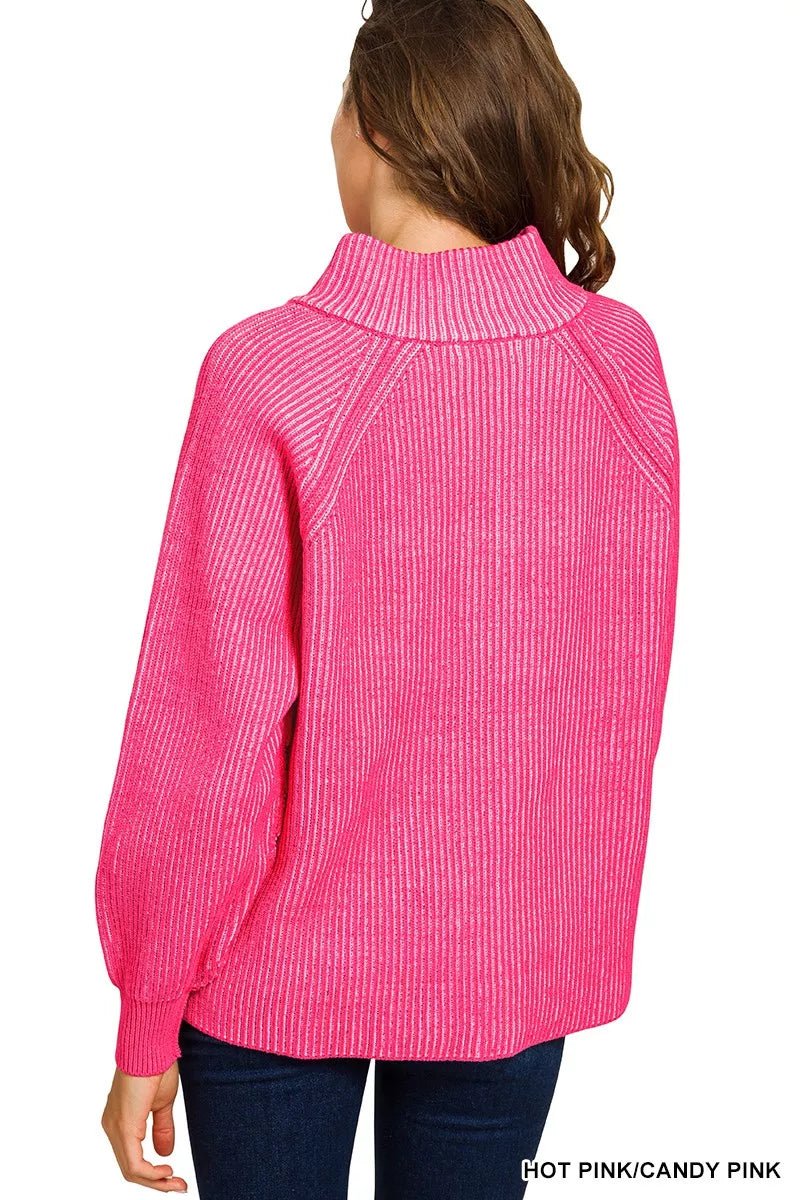 Zenana Ribbed Two Tone Half Zip Sweater - Bitsy Gypsy Boutique