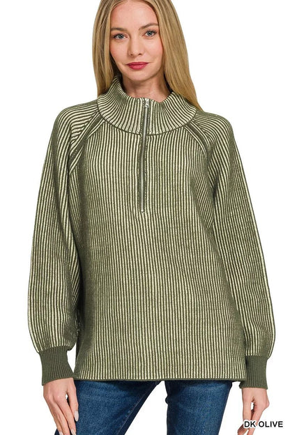Zenana Ribbed Two Tone Half Zip Sweater - Bitsy Gypsy Boutique