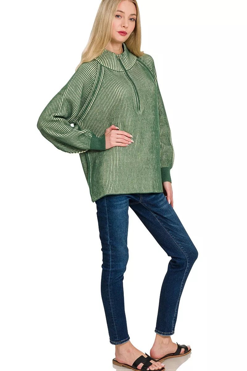 Zenana Ribbed Two Tone Half Zip Sweater - Bitsy Gypsy Boutique