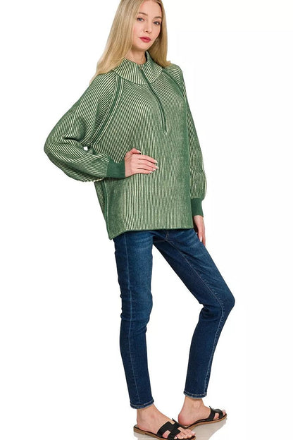 Zenana Ribbed Two Tone Half Zip Sweater - Bitsy Gypsy Boutique