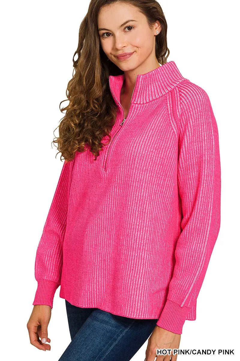 Zenana Ribbed Two Tone Half Zip Sweater - Bitsy Gypsy Boutique