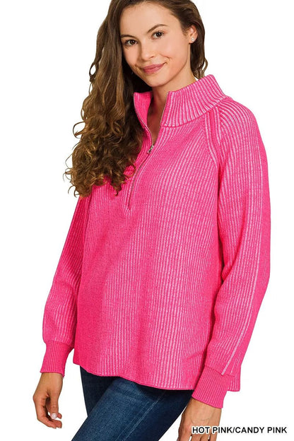 Zenana Ribbed Two Tone Half Zip Sweater - Bitsy Gypsy Boutique