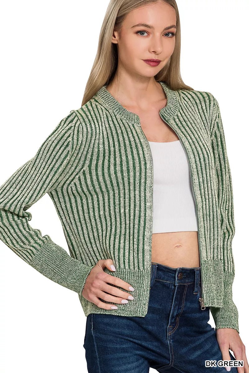 Zenana Ribbed Two Tone Zip Up Sweater Cardigan - Bitsy Gypsy Boutique