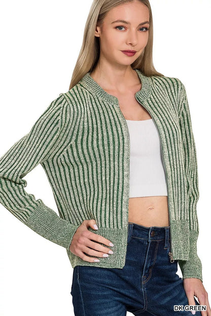 Zenana Ribbed Two Tone Zip Up Sweater Cardigan - Bitsy Gypsy Boutique