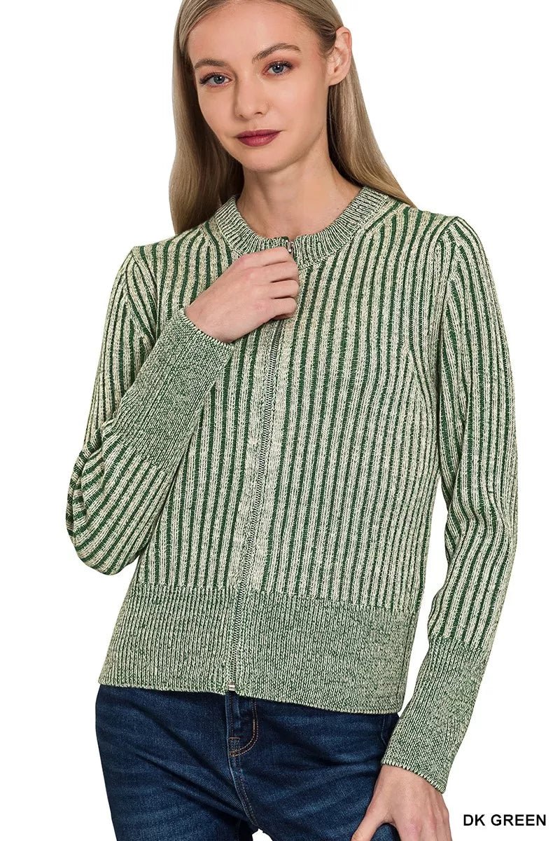 Zenana Ribbed Two Tone Zip Up Sweater Cardigan - Bitsy Gypsy Boutique