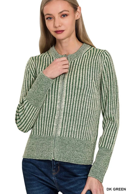 Zenana Ribbed Two Tone Zip Up Sweater Cardigan - Bitsy Gypsy Boutique