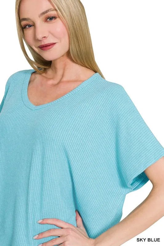 Zenana Ribbed V - Neck Short - Sleeve Knit Top - Bitsy Gypsy Boutique