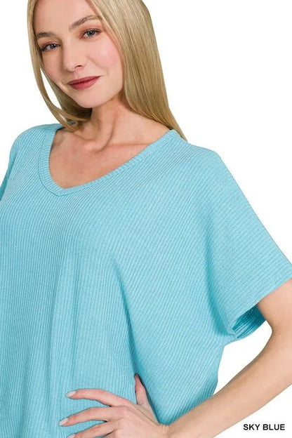 Zenana Ribbed V - Neck Short - Sleeve Knit Top - Bitsy Gypsy Boutique