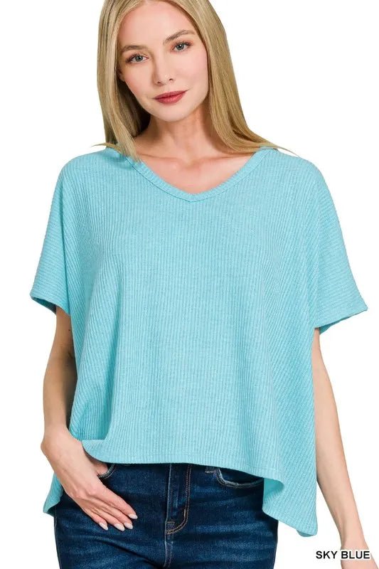 Zenana Ribbed V - Neck Short - Sleeve Knit Top - Bitsy Gypsy Boutique