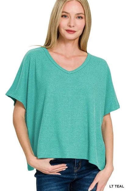 Zenana Ribbed V - Neck Short - Sleeve Knit Top - Bitsy Gypsy Boutique