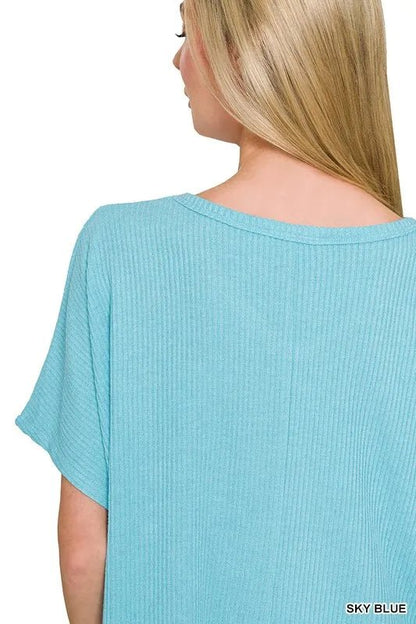 Zenana Ribbed V - Neck Short - Sleeve Knit Top - Bitsy Gypsy Boutique