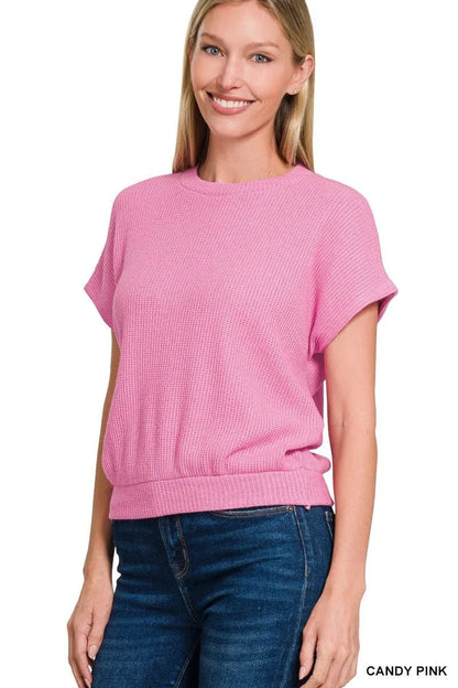 Zenana Round Neck Banded Botton Short Sleeve Sweater - Bitsy Gypsy Boutique