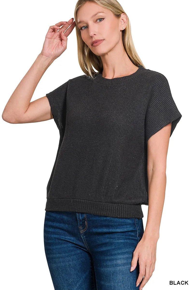 Zenana Round Neck Banded Botton Short Sleeve Sweater - Bitsy Gypsy Boutique