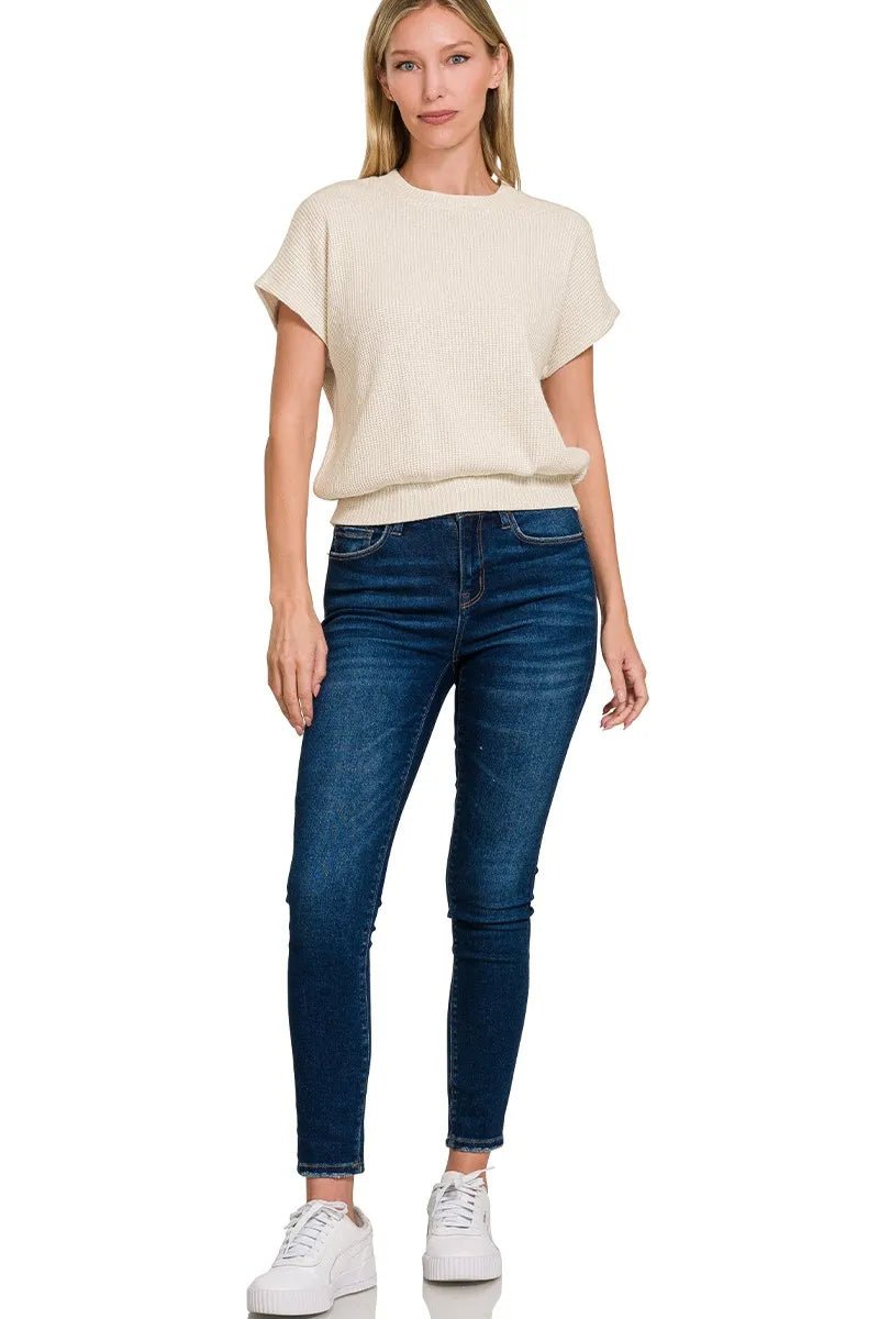 Zenana Round Neck Banded Botton Short Sleeve Sweater - Bitsy Gypsy Boutique