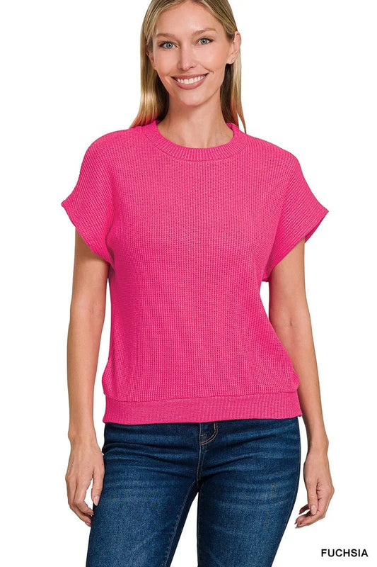 Zenana Round Neck Banded Botton Short Sleeve Sweater - Bitsy Gypsy Boutique