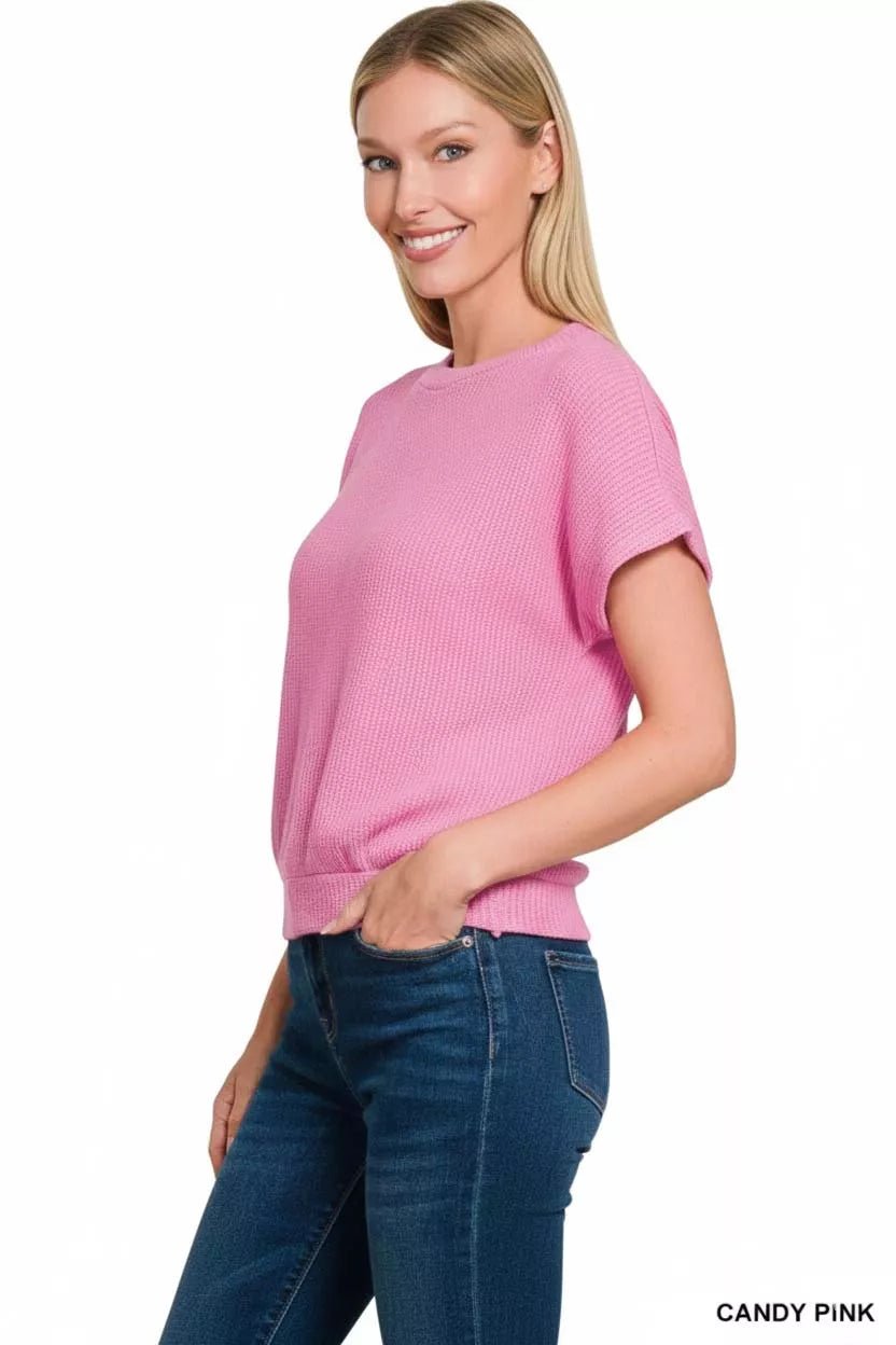 Zenana Round Neck Banded Botton Short Sleeve Sweater - Bitsy Gypsy Boutique