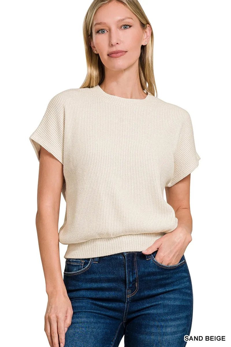 Zenana Round Neck Banded Botton Short Sleeve Sweater - Bitsy Gypsy Boutique
