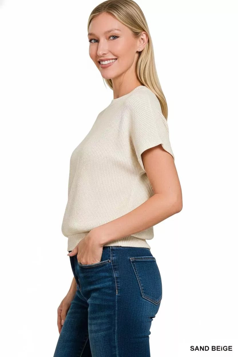 Zenana Round Neck Banded Botton Short Sleeve Sweater - Bitsy Gypsy Boutique