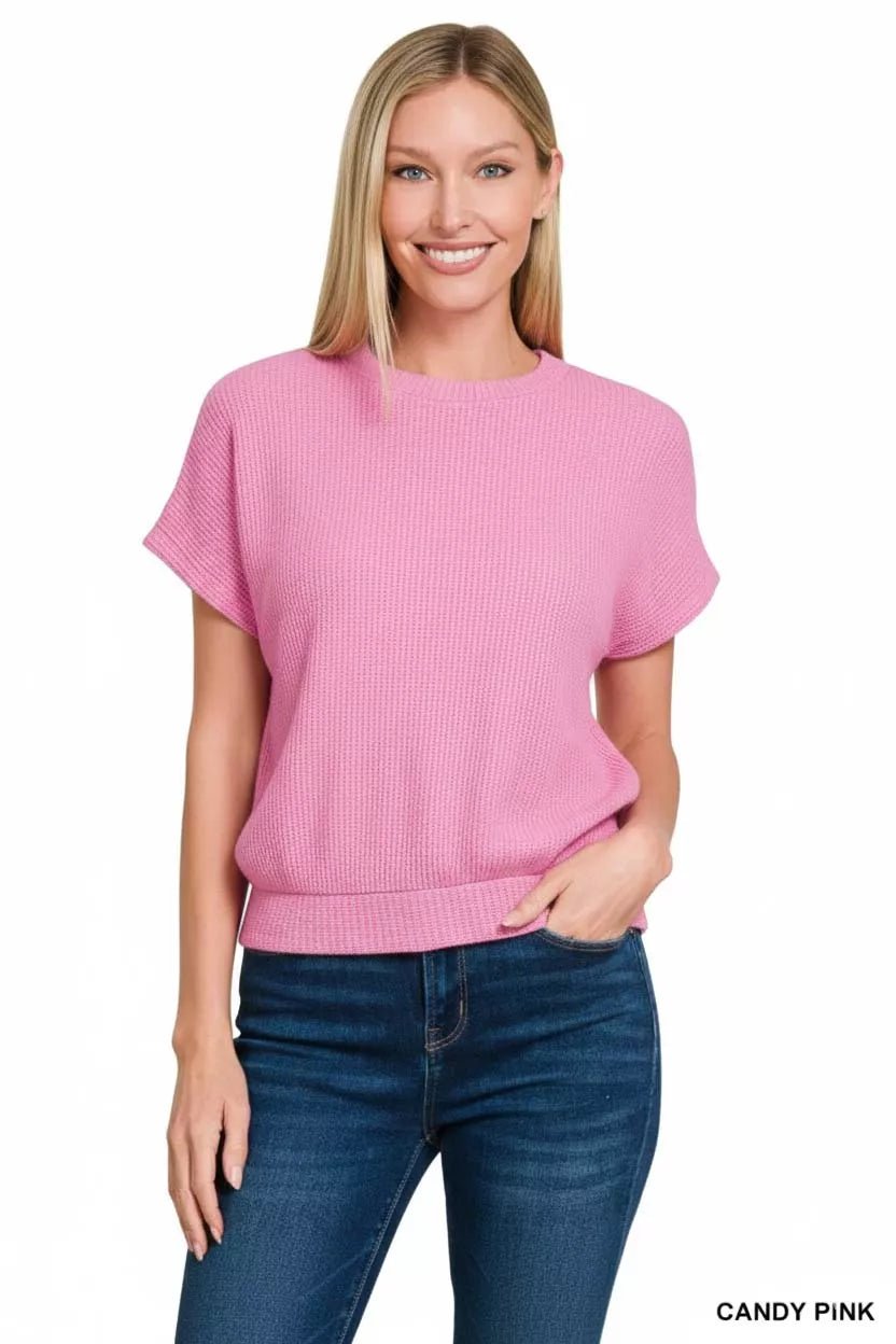 Zenana Round Neck Banded Botton Short Sleeve Sweater - Bitsy Gypsy Boutique