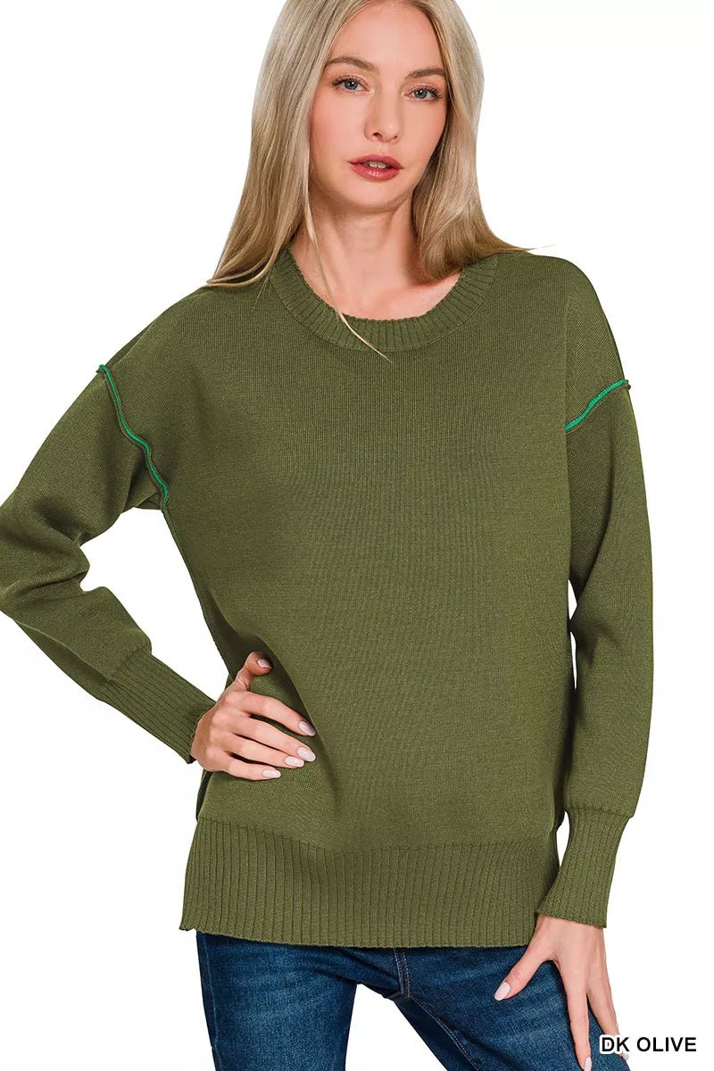 Zenana Round Neck Contrast Trim Sweater - Bitsy Gypsy Boutique