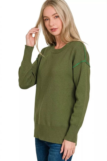 Zenana Round Neck Contrast Trim Sweater - Bitsy Gypsy Boutique