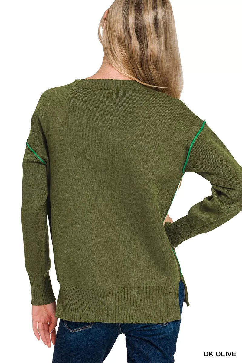 Zenana Round Neck Contrast Trim Sweater - Bitsy Gypsy Boutique