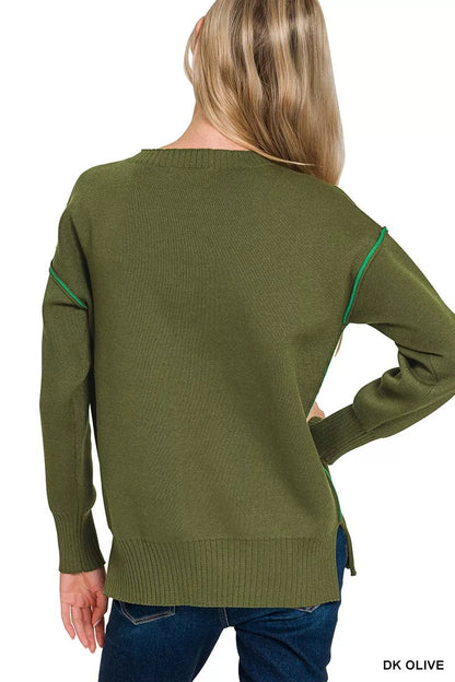 Zenana Round Neck Contrast Trim Sweater - Bitsy Gypsy Boutique