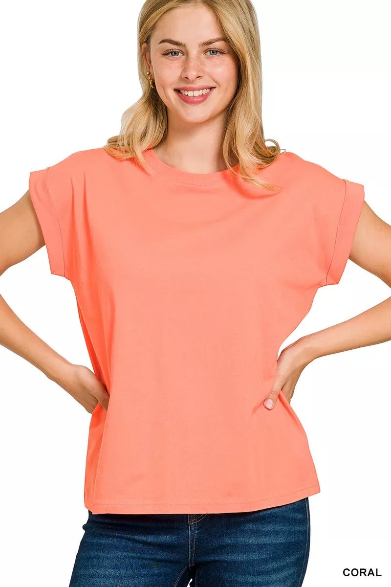 Zenana Round Neck Folded Short Sleeve T-Shirt - Bitsy Gypsy Boutique