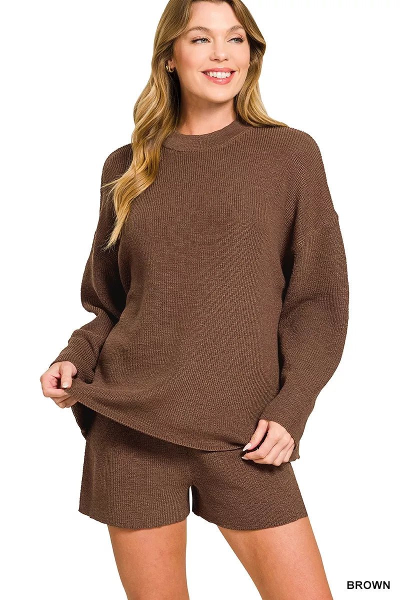 Zenana Round Neck Knit Top and Shorts Sweater Set - Bitsy Gypsy Boutique