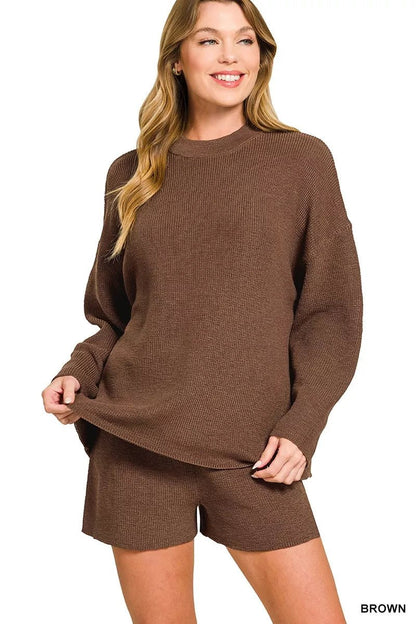 Zenana Round Neck Knit Top and Shorts Sweater Set - Bitsy Gypsy Boutique
