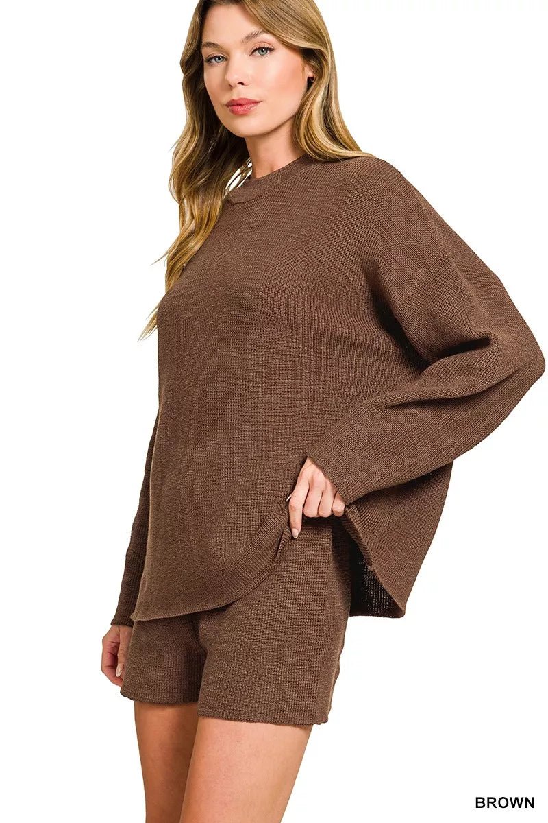 Zenana Round Neck Knit Top and Shorts Sweater Set - Bitsy Gypsy Boutique