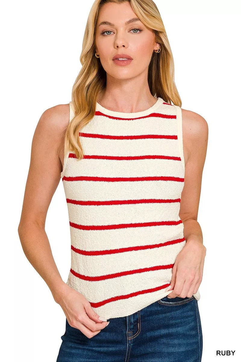 Zenana Round Neck Stripe Knit Tank Top - Bitsy Gypsy Boutique
