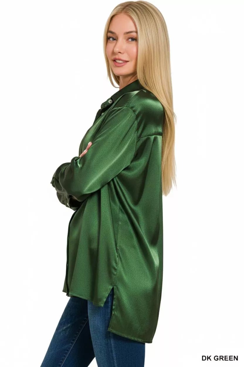 Zenana Satin Button Down Long Sleeve Shirt - Bitsy Gypsy Boutique