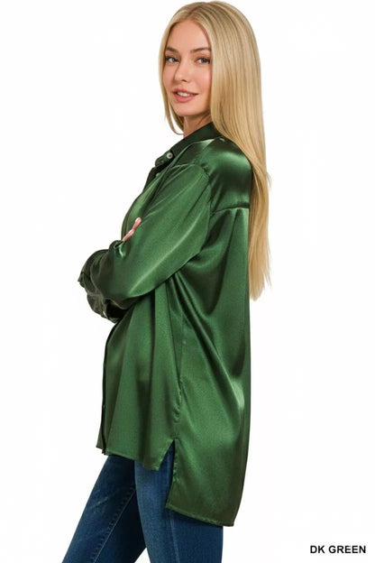 Zenana Satin Button Down Long Sleeve Shirt - Bitsy Gypsy Boutique