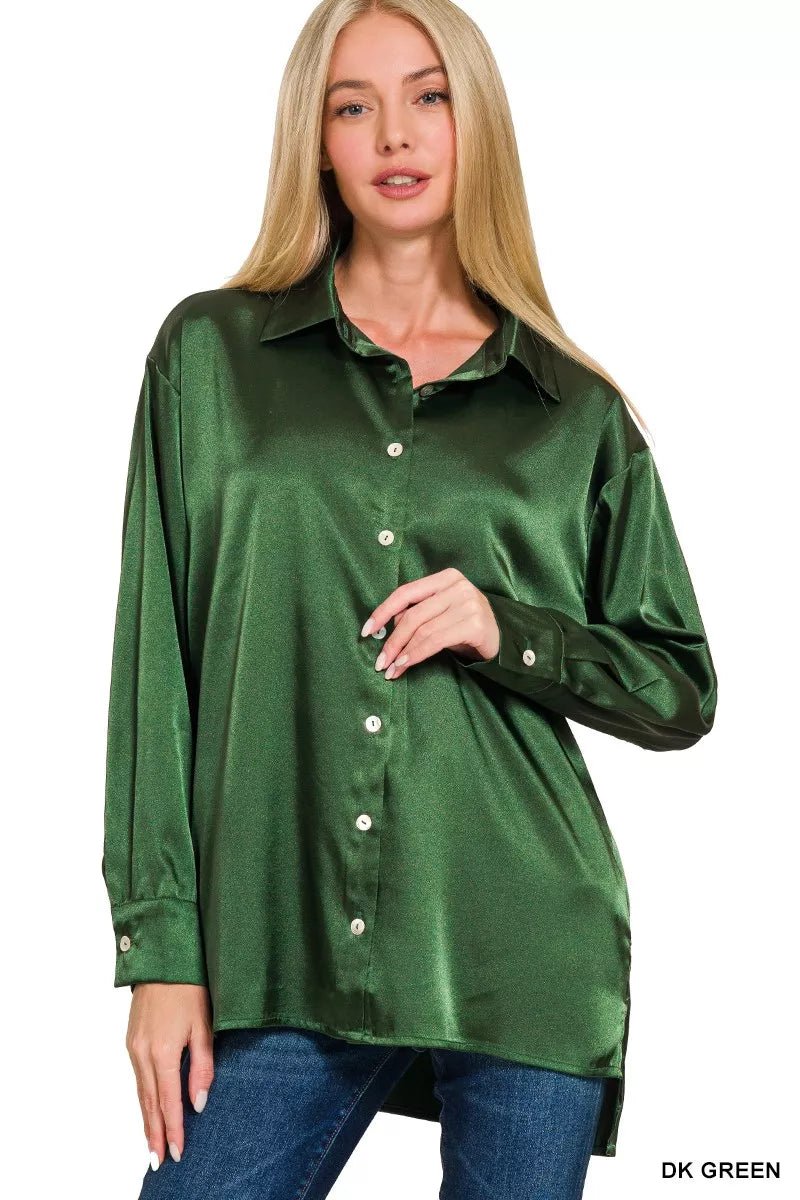 Zenana Satin Button Down Long Sleeve Shirt - Bitsy Gypsy Boutique