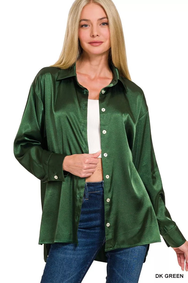Zenana Satin Button Down Long Sleeve Shirt - Bitsy Gypsy Boutique