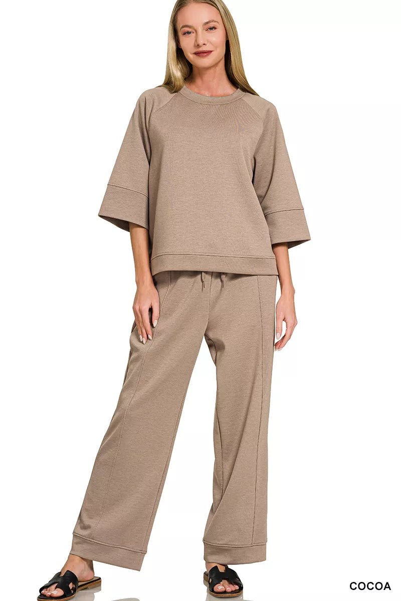 Zenana Scuba 3/4 Sleeve Pullover & Pants Set - Bitsy Gypsy Boutique