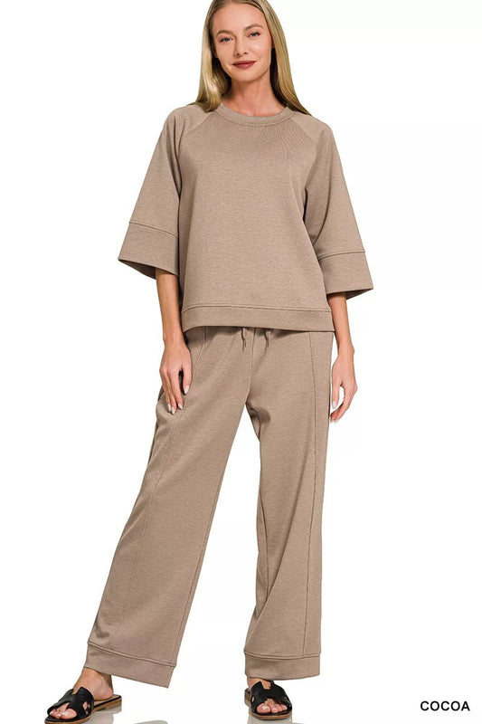 Zenana Scuba 3/4 Sleeve Pullover & Pants Set - Bitsy Gypsy Boutique