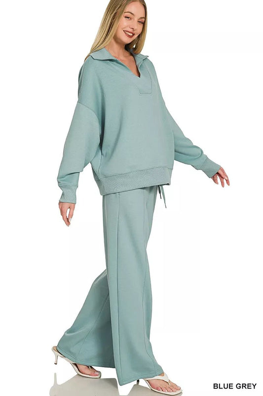 Zenana Scuba Collared Pullover & Center Seam Pants Set - Bitsy Gypsy Boutique