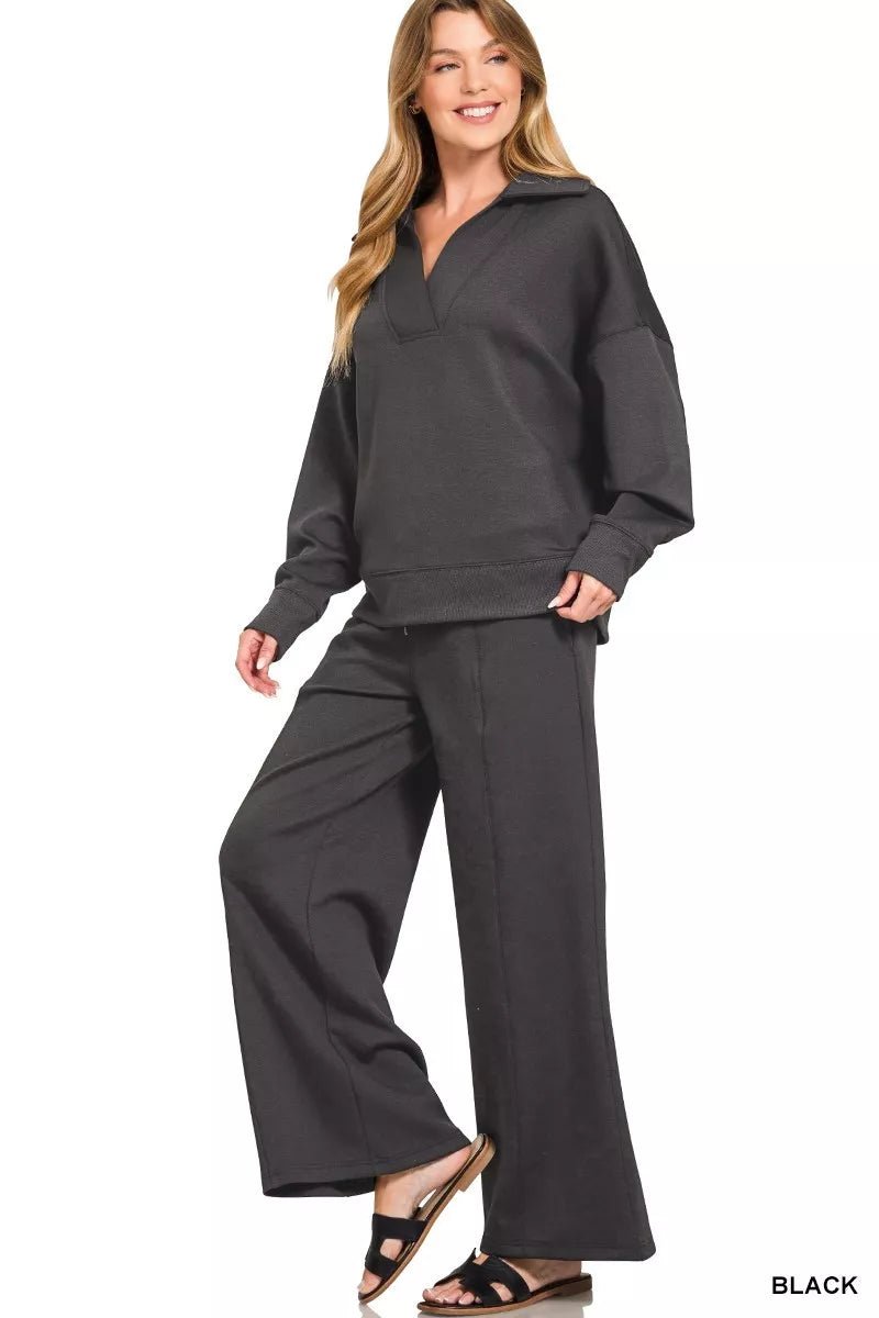 Zenana Scuba Collared Pullover & Center Seam Pants Set - Bitsy Gypsy Boutique