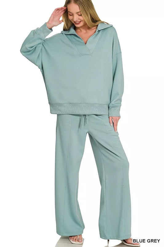 Zenana Scuba Collared Pullover & Center Seam Pants Set - Bitsy Gypsy Boutique