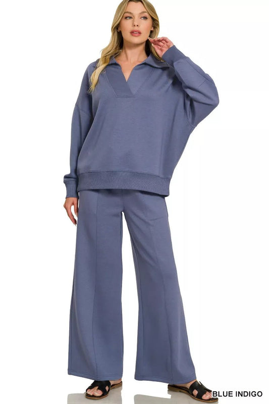 Zenana Scuba Collared Pullover & Center Seam Pants Set - Bitsy Gypsy Boutique
