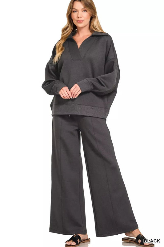 Zenana Scuba Collared Pullover & Center Seam Pants Set - Bitsy Gypsy Boutique