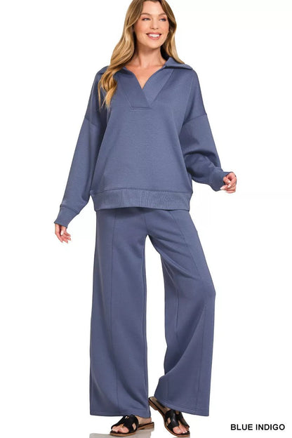 Zenana Scuba Collared Pullover & Center Seam Pants Set - Bitsy Gypsy Boutique