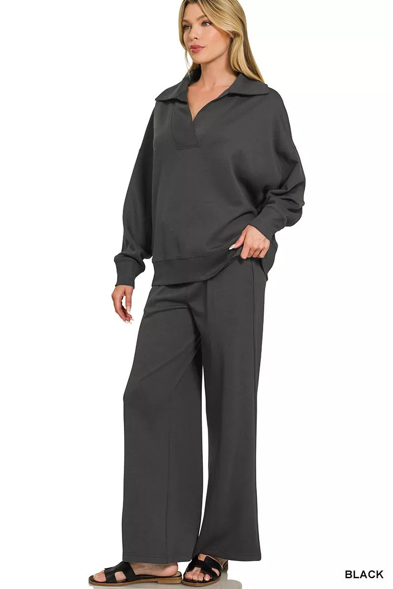 Zenana Scuba Collared Pullover & Center Seam Pants Set - Bitsy Gypsy Boutique
