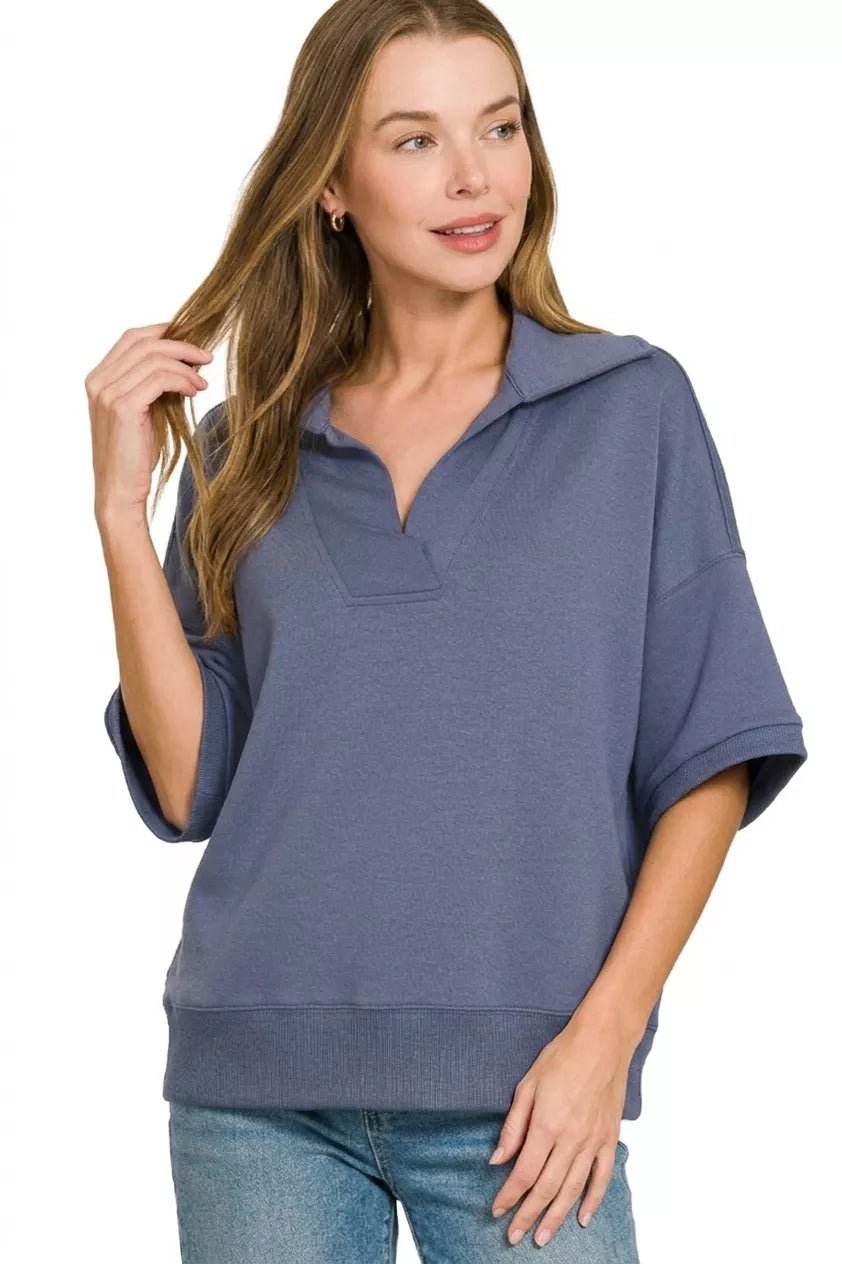 Zenana Scuba Collared Short Sleeve Pullover - Bitsy Gypsy Boutique