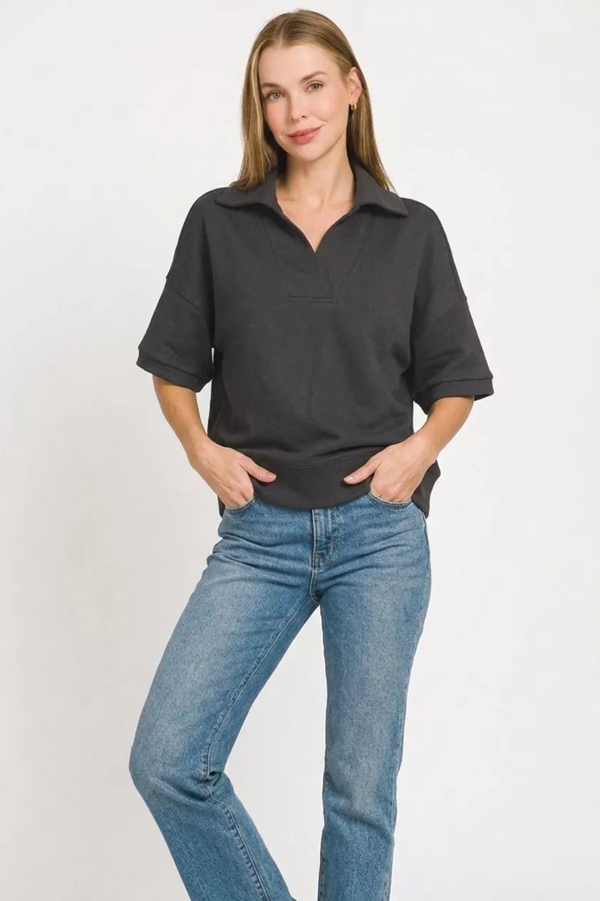 Zenana Scuba Collared Short Sleeve Pullover - Bitsy Gypsy Boutique