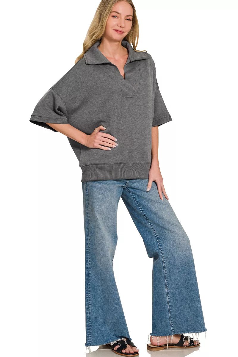 Zenana Scuba Collared Short Sleeve Pullover - Bitsy Gypsy Boutique