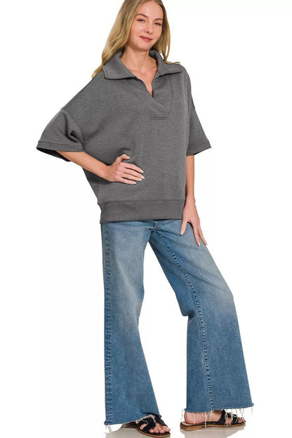 Zenana Scuba Collared Short Sleeve Pullover - Bitsy Gypsy Boutique