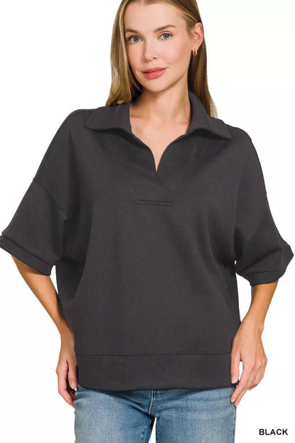 Zenana Scuba Collared Short Sleeve Pullover - Bitsy Gypsy Boutique